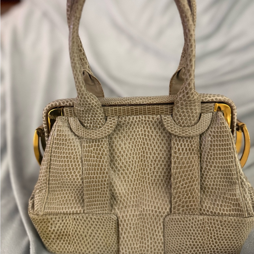Judith Leiber for Bonwitt Teller Taupe Textured Satchel with Gold Accents